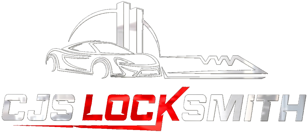 Logo for CJS Locksmith featuring an outlined car, a key, and stylized text with "LOCK"