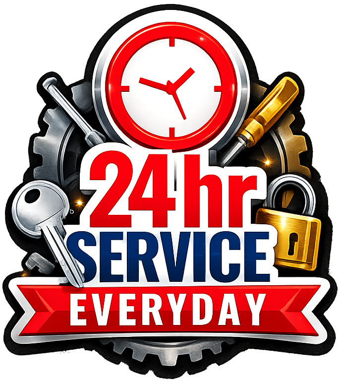 Graphic showing a clock, gears, key, screwdriver, and padlock with the text "24 hr Service Everyday