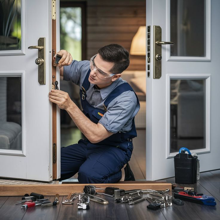 A locksmith wearing safety glasses installs or repairs a door lock on a double door