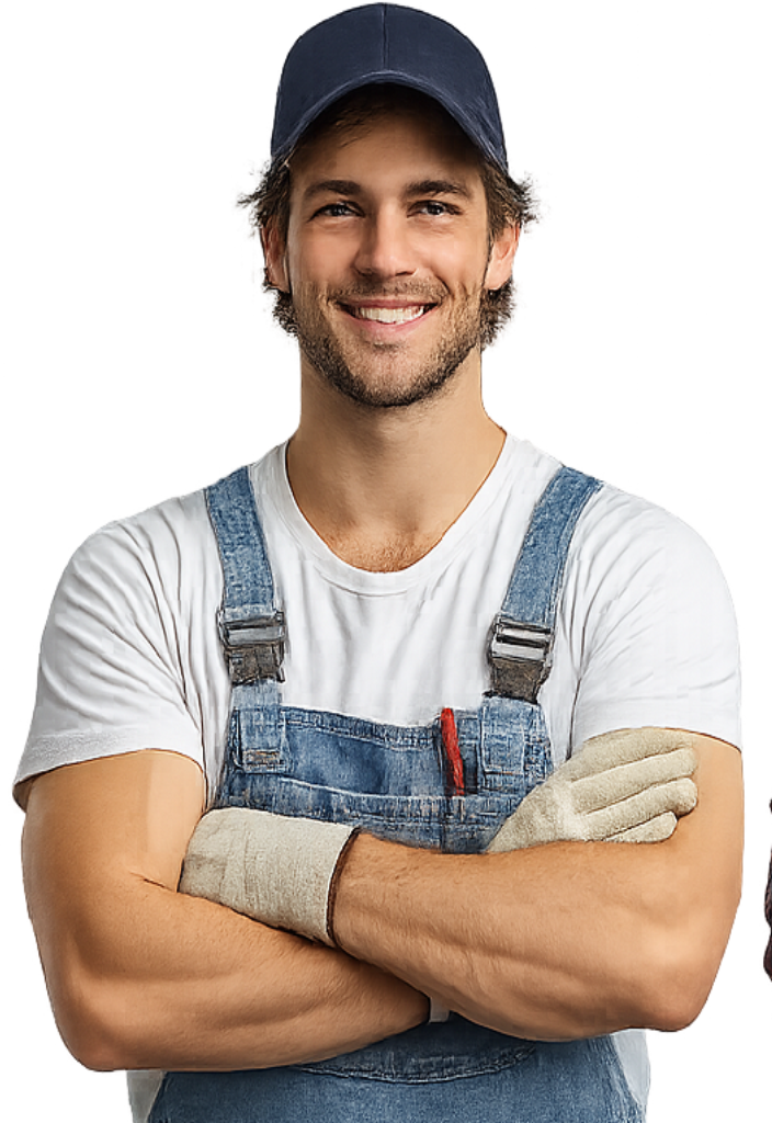 A man wearing a blue cap, white t-shirt, denim overalls, and work gloves stands with arms crossed