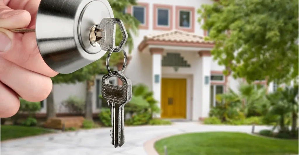 A hand inserts a key into a door lock with a house and front yard visible in the background.