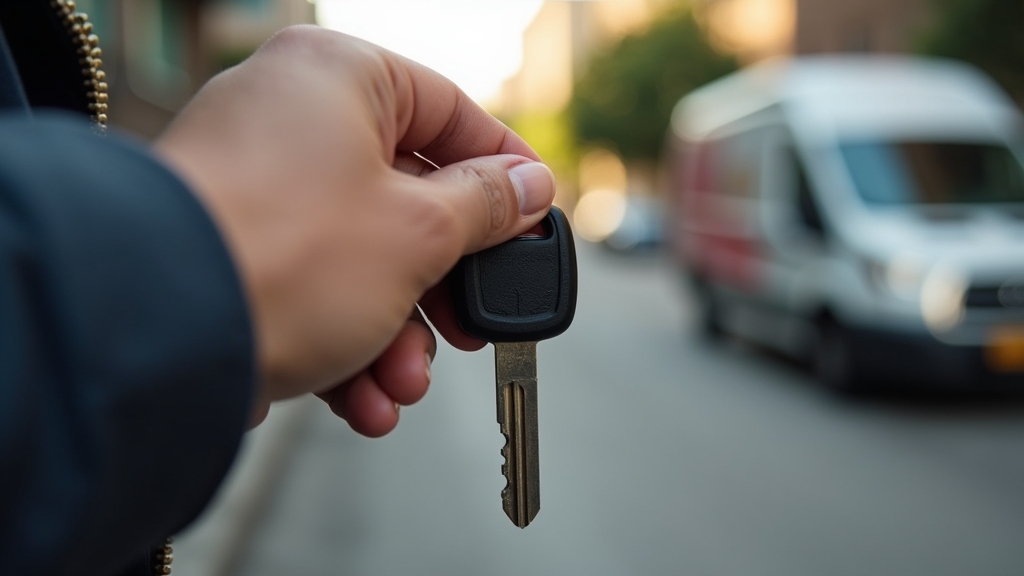 A close-up shot of a person's hand holding a car key