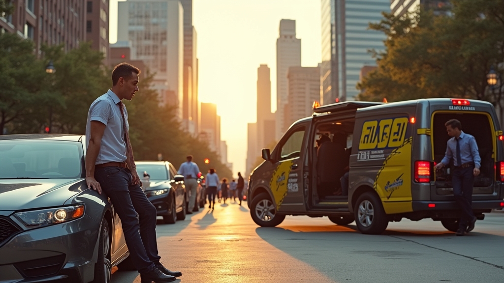 image of a distressed driver leans against a sleek, modern vehicle