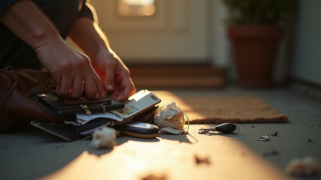 A close-up shot of a person's frantic hands rummaging through a messy bag