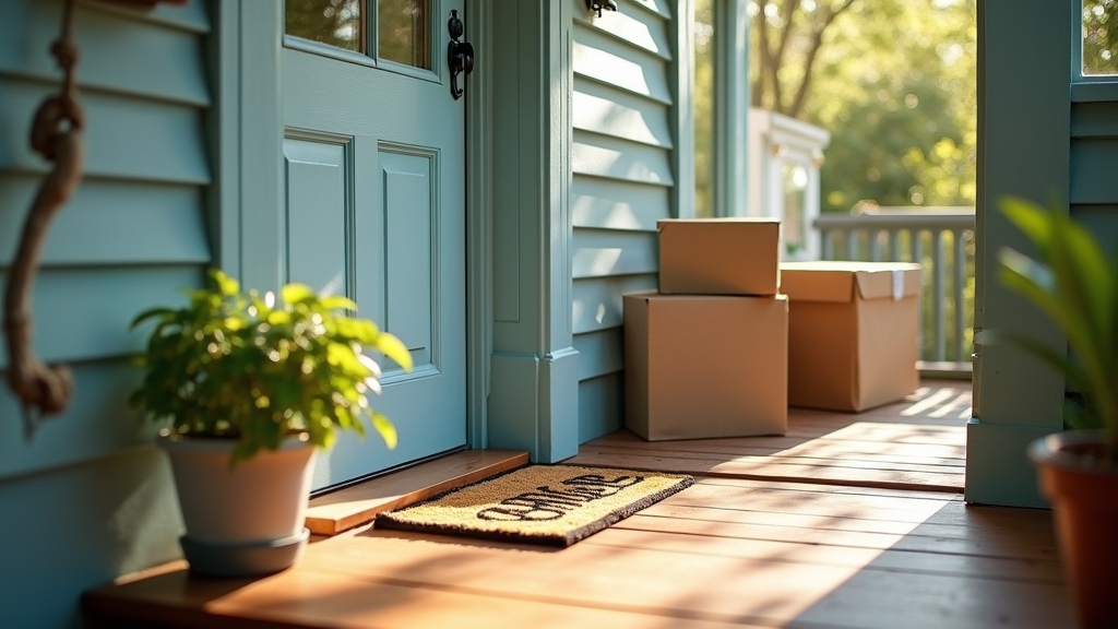 a cozy front porch greets the viewer, adorned with a freshly painted front door