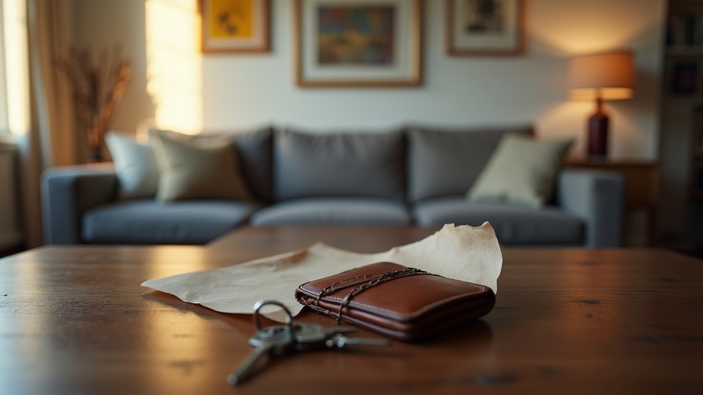 set of keys lying on a polished, dark wood coffee table,and a worn, brown leather wallet.