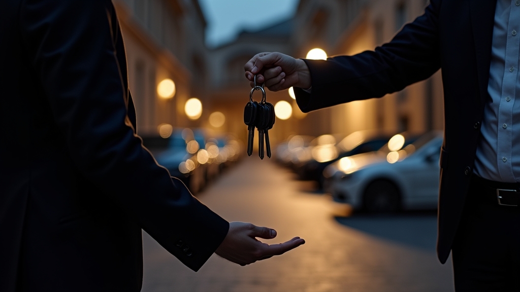 a blurred figure of a valet attendant in the background, handing over a set of keys to a driver