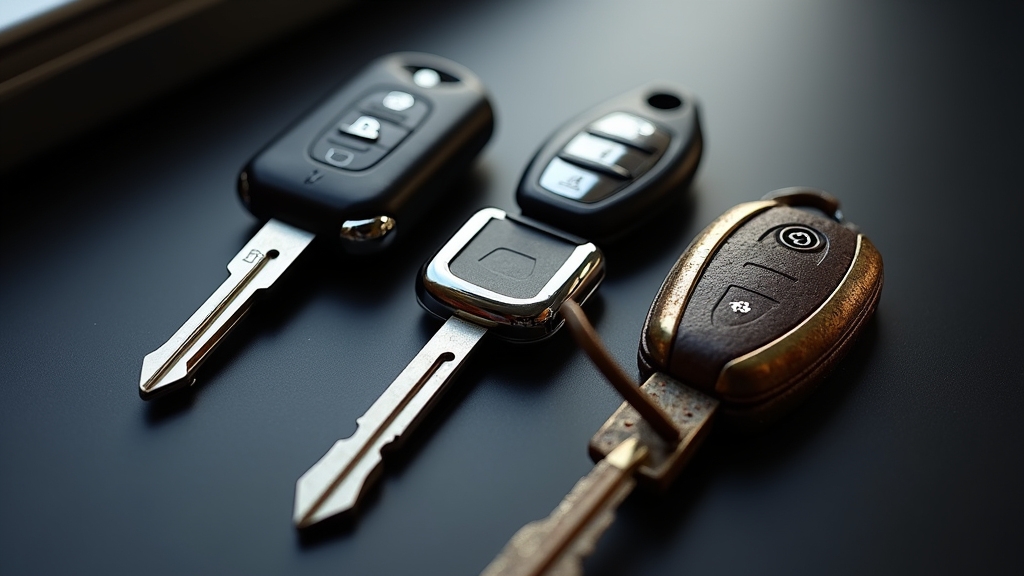 A high-definition photograph of various car keys laid out on a sleek, black background