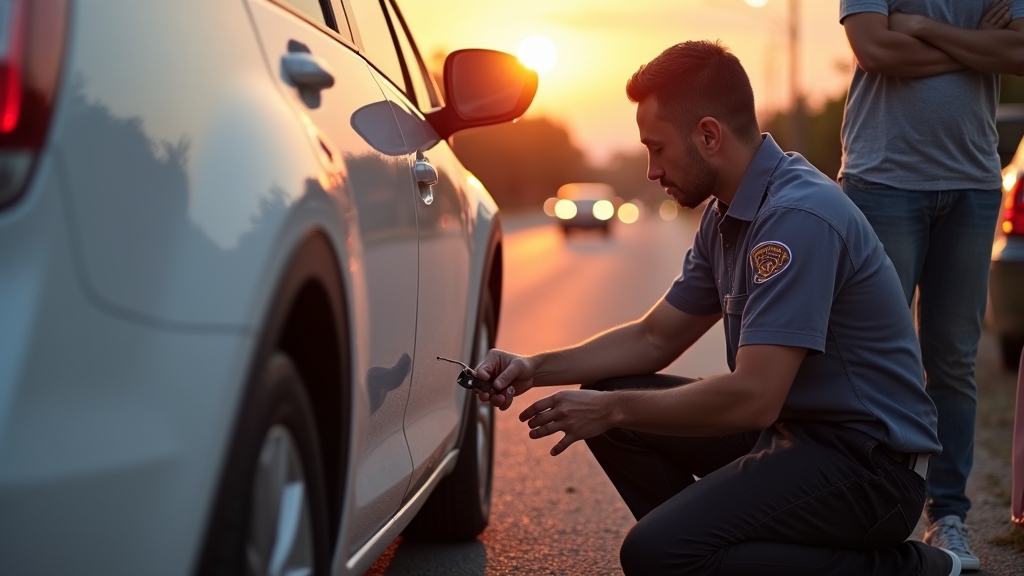 a professional locksmith is kneeling beside a sleek, modern vehicle