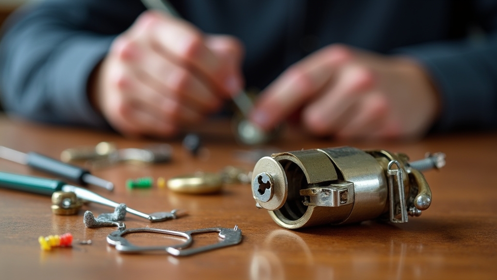 image of a locksmith's workspace, where the intricate process of rekeying a lock