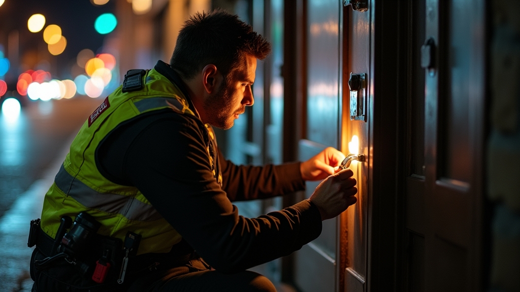A close-up shot of a licensed locksmith, illuminated by the flash of a high-end camera