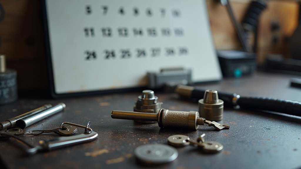 image with a high-end camera, showing a locksmith's workbench with various lock and key components