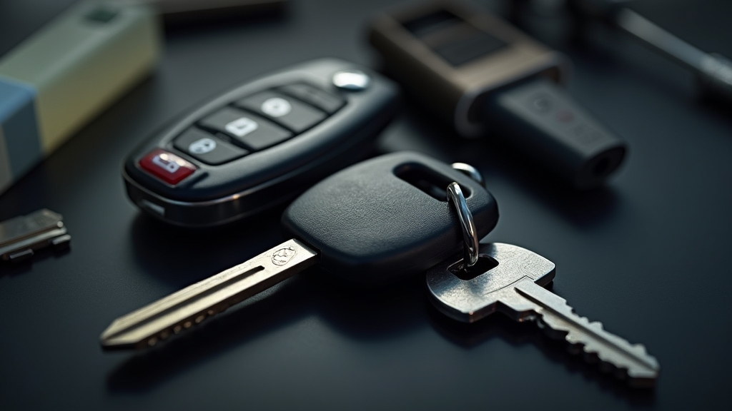 A close-up shot of a car key and a house key side by side, on a sleek, black background