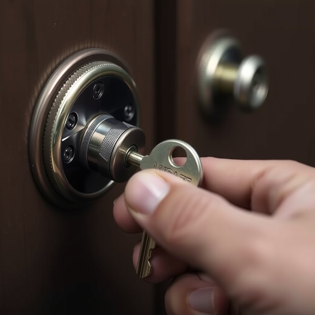 Hand inserts a key into a door lock for secure access or rekeying