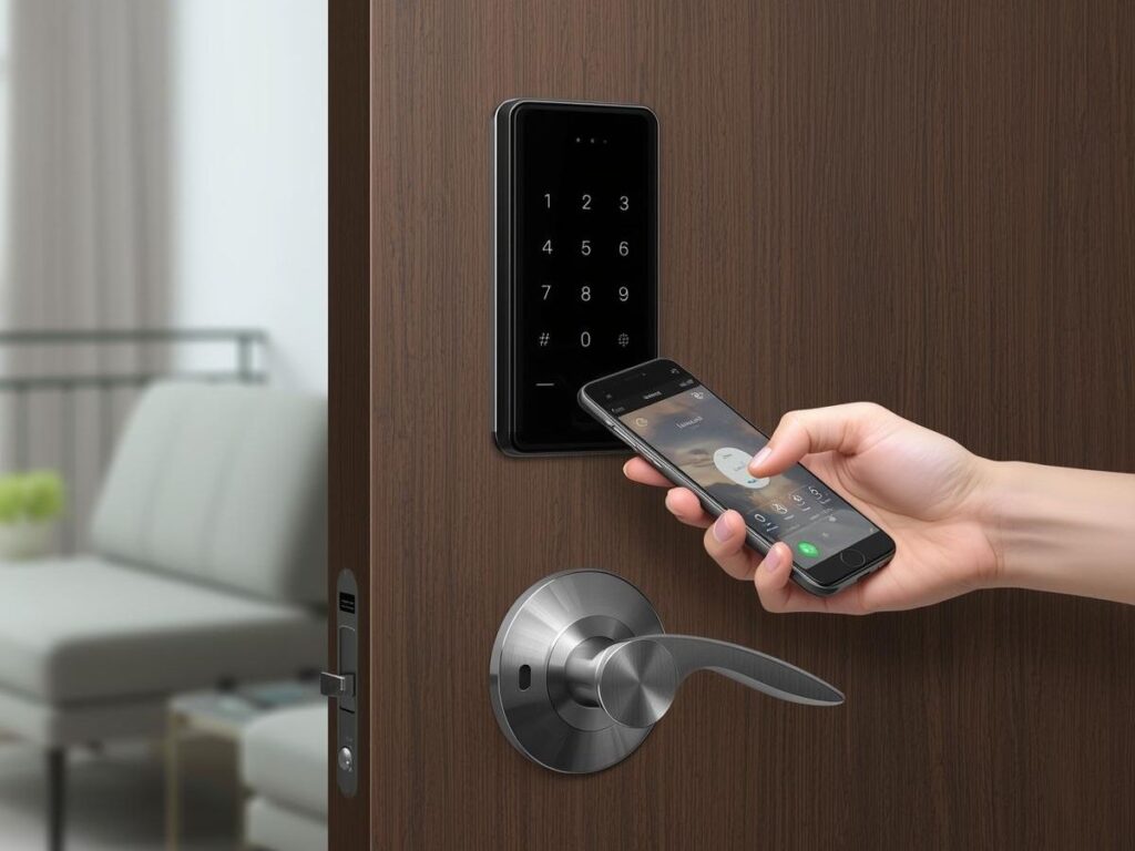Person unlocking a smart door lock with a smartphone app