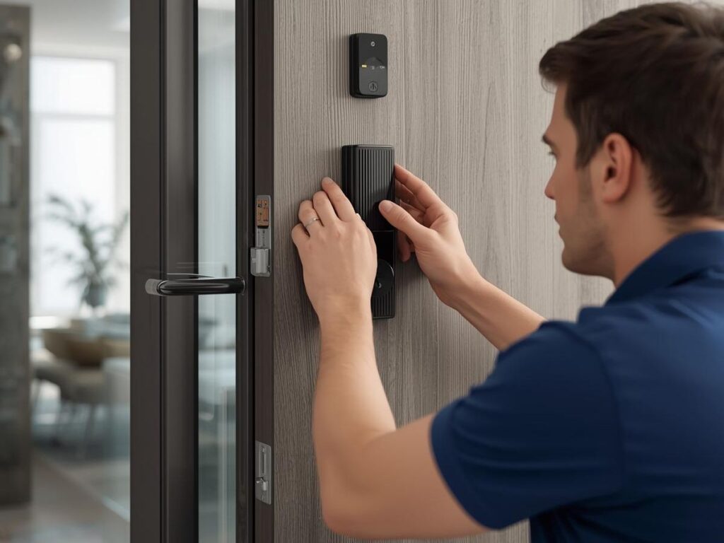 Homeowner installing a smart lock on a modern front door