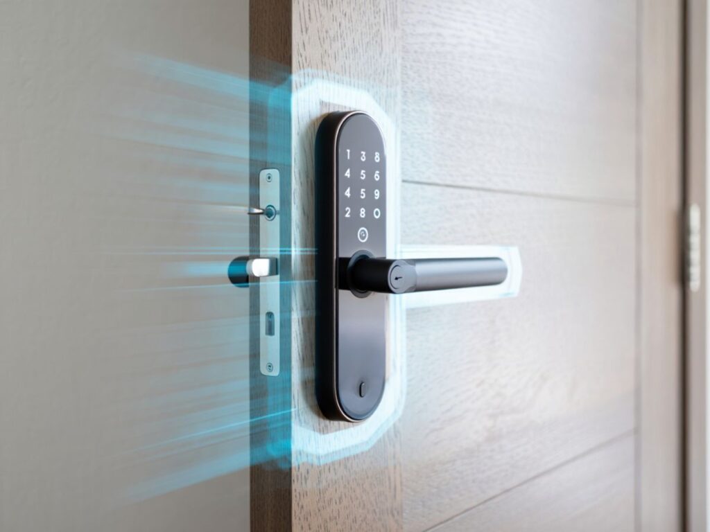 Smart keypad door lock glowing with modern digital security features