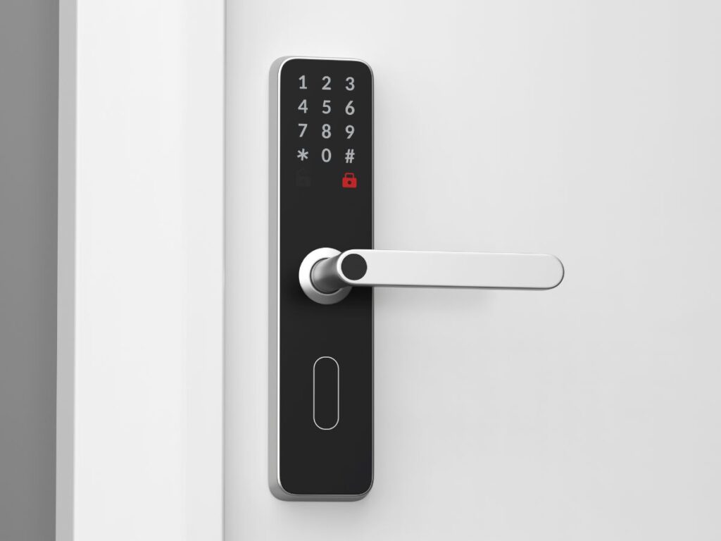 Modern smart lock with keypad and handle on a white door