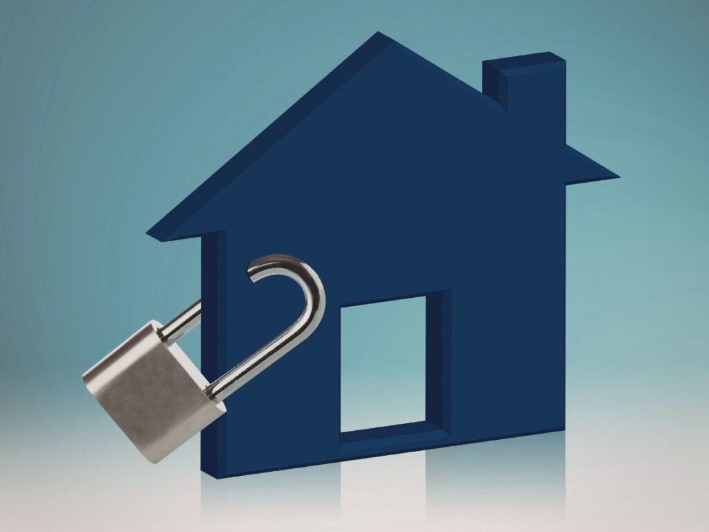 House icon with an open padlock symbolizing home lock options and access control