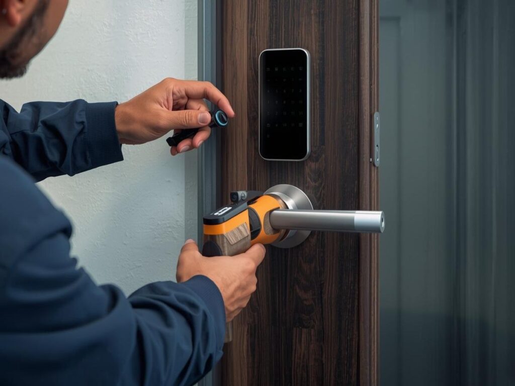 Technician fits a smart lock and tests hardware during installation