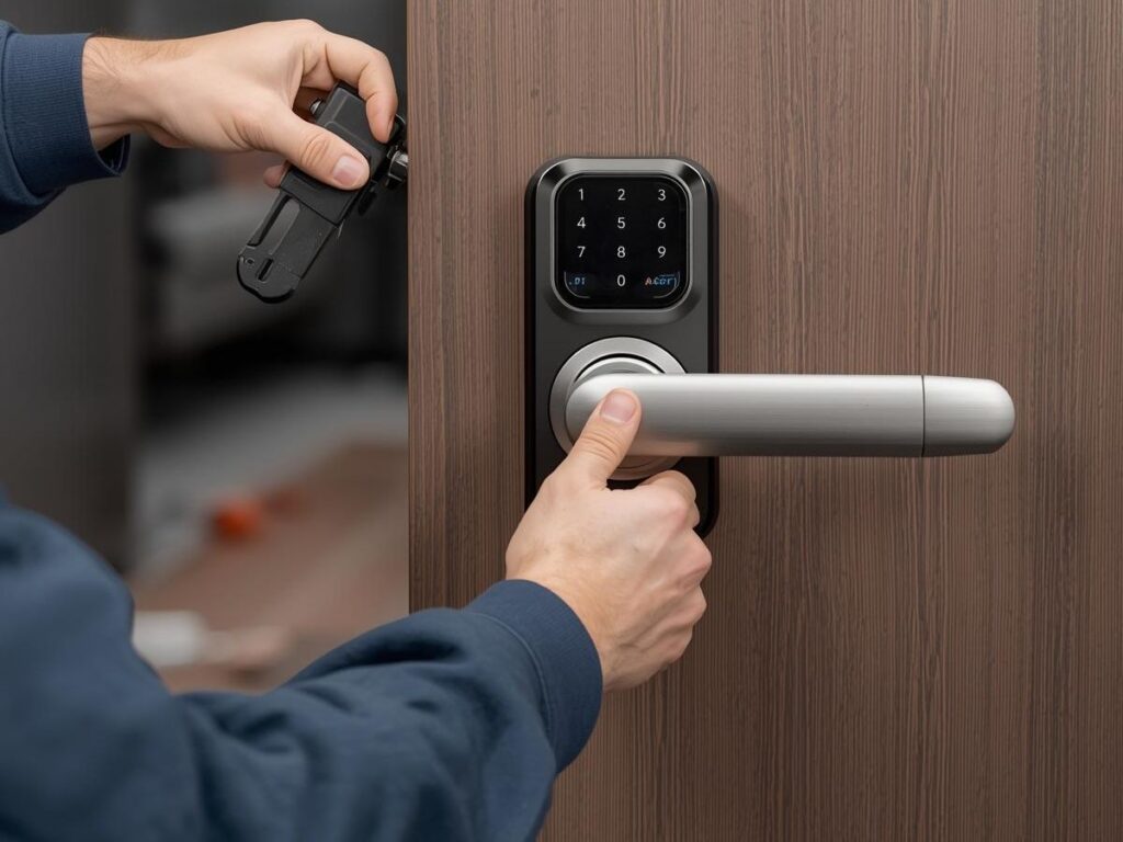 Locksmith installs a smart lock with keypad and modern door handle