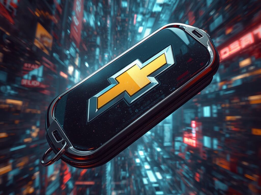 Futuristic Chevy key fob floating in a neon-lit cityscape