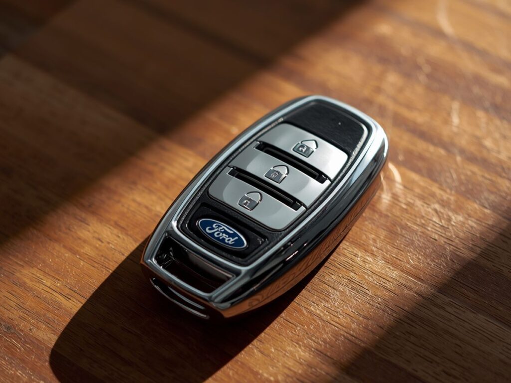 Ford key fob resting on a sunlit wooden surface
