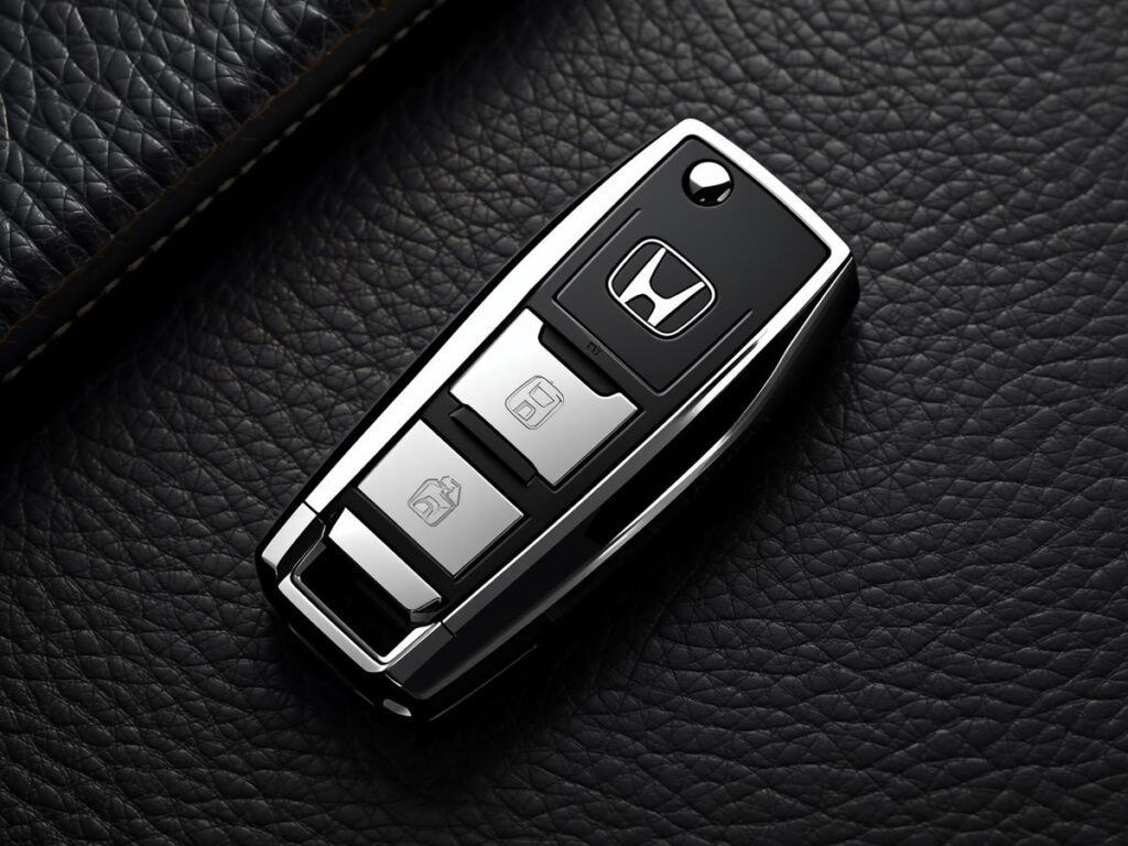 Close-up of a Honda key fob on a black leather surface