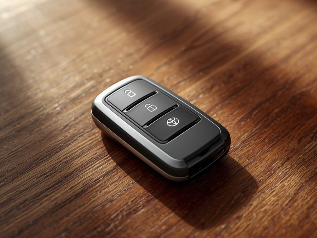 Toyota key fob resting on a wooden tabletop in soft light