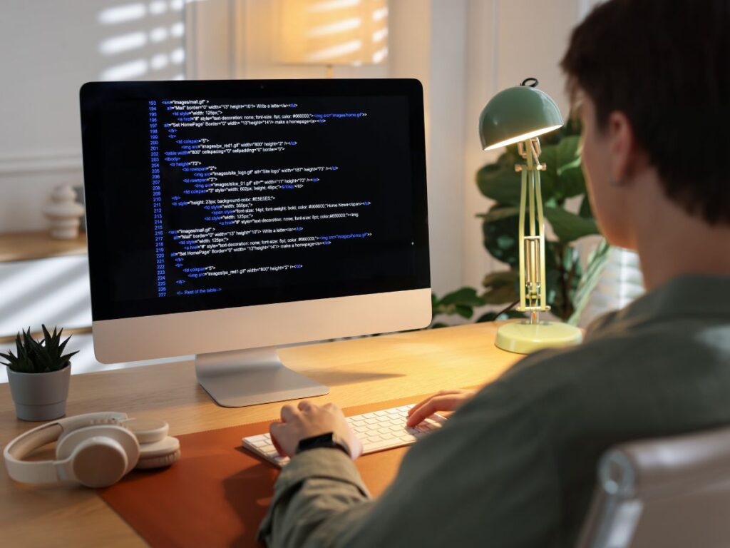 Person coding at a desktop computer in a bright home office
