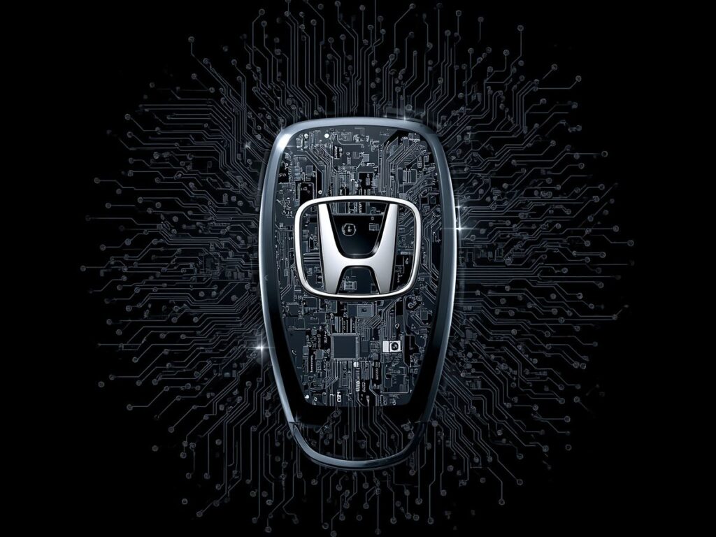 Digital-style Honda key fob with circuit board design on a black background