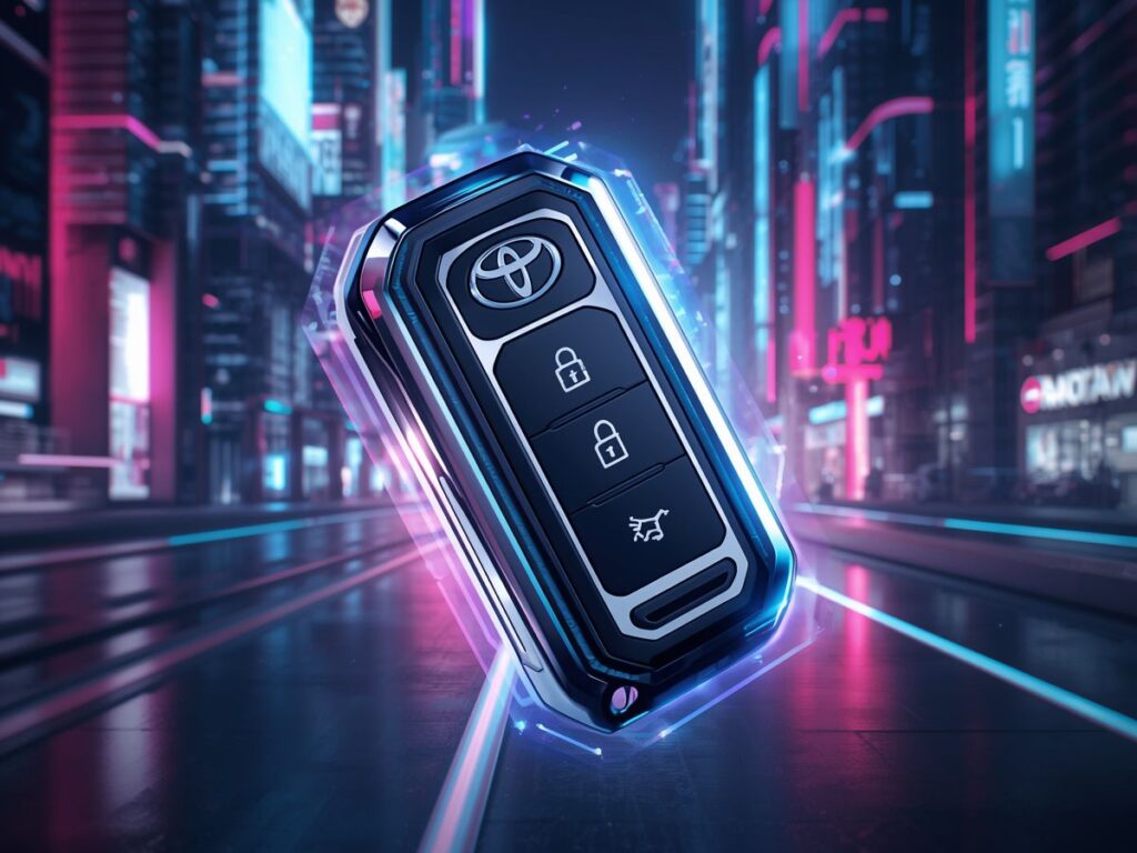 Futuristic Toyota key fob floating in a neon city scene