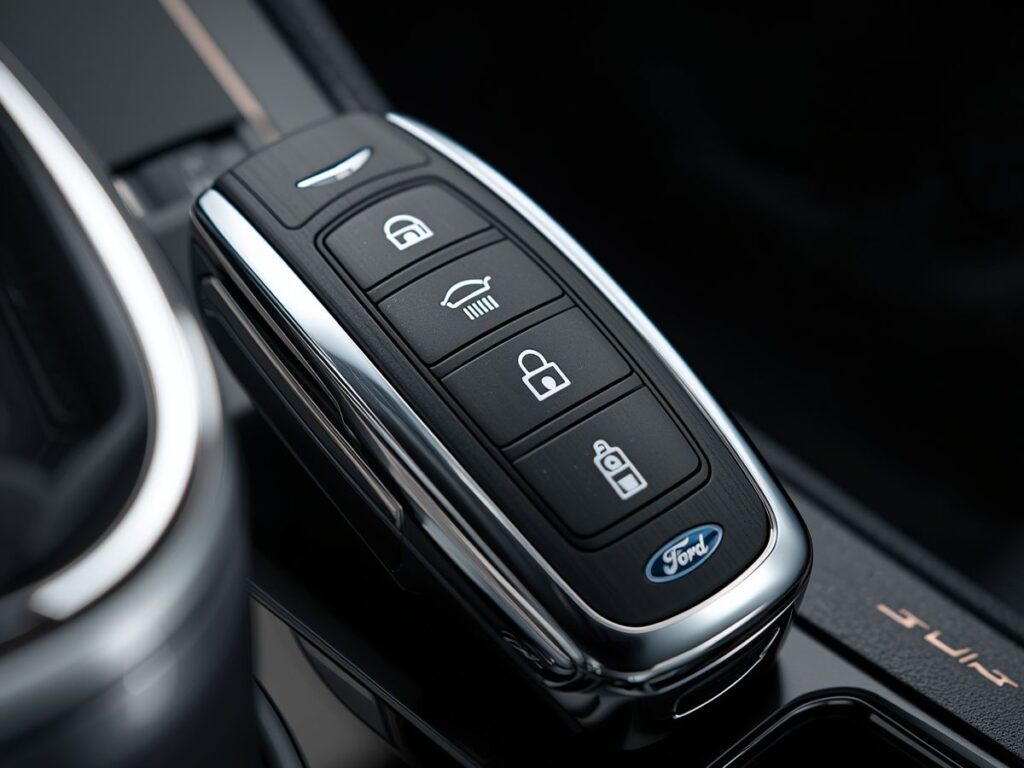 Modern Ford key fob with buttons shown inside a vehicle