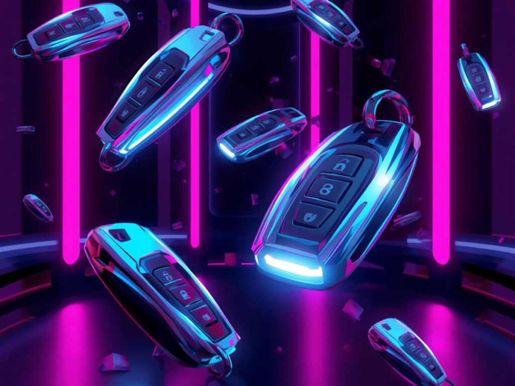 Neon-style car key fobs floating in a futuristic scene