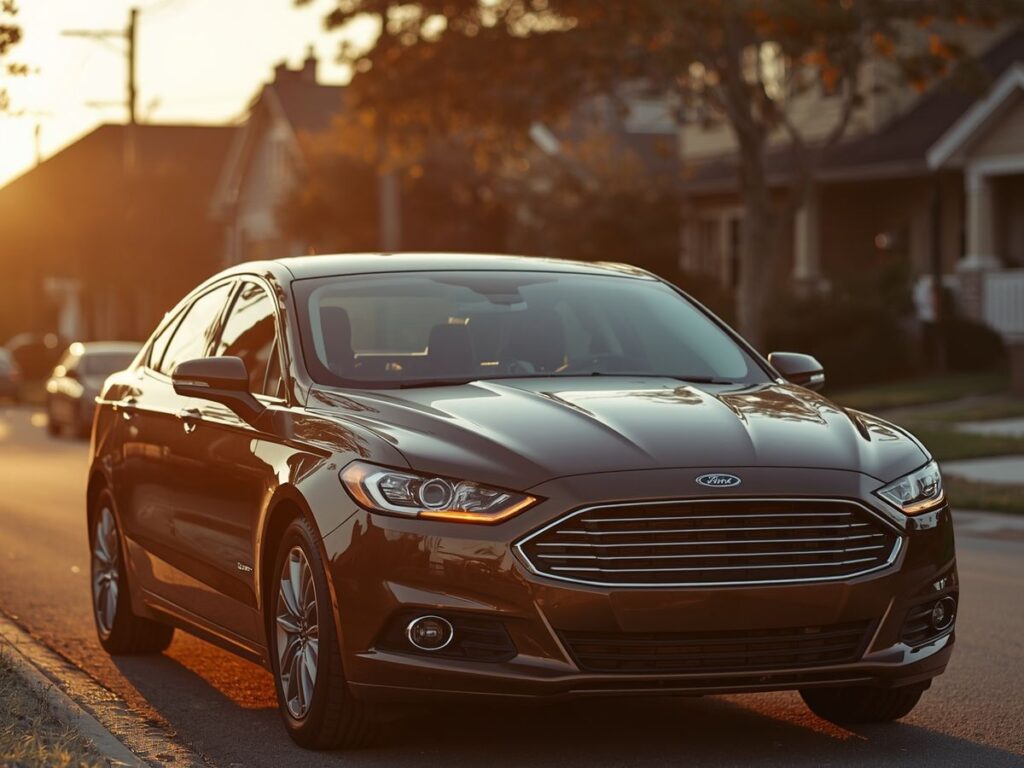 Black sedan parked on a residential street at sunset