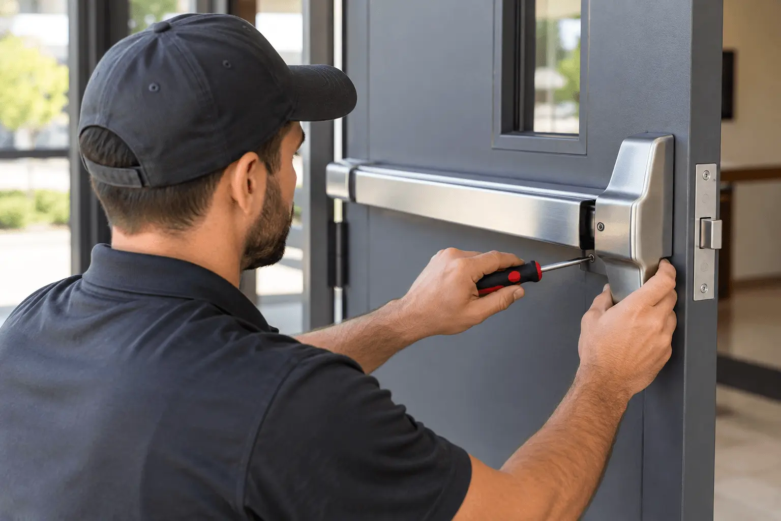 Locksmith Installing Commercial Panic Bar (1)