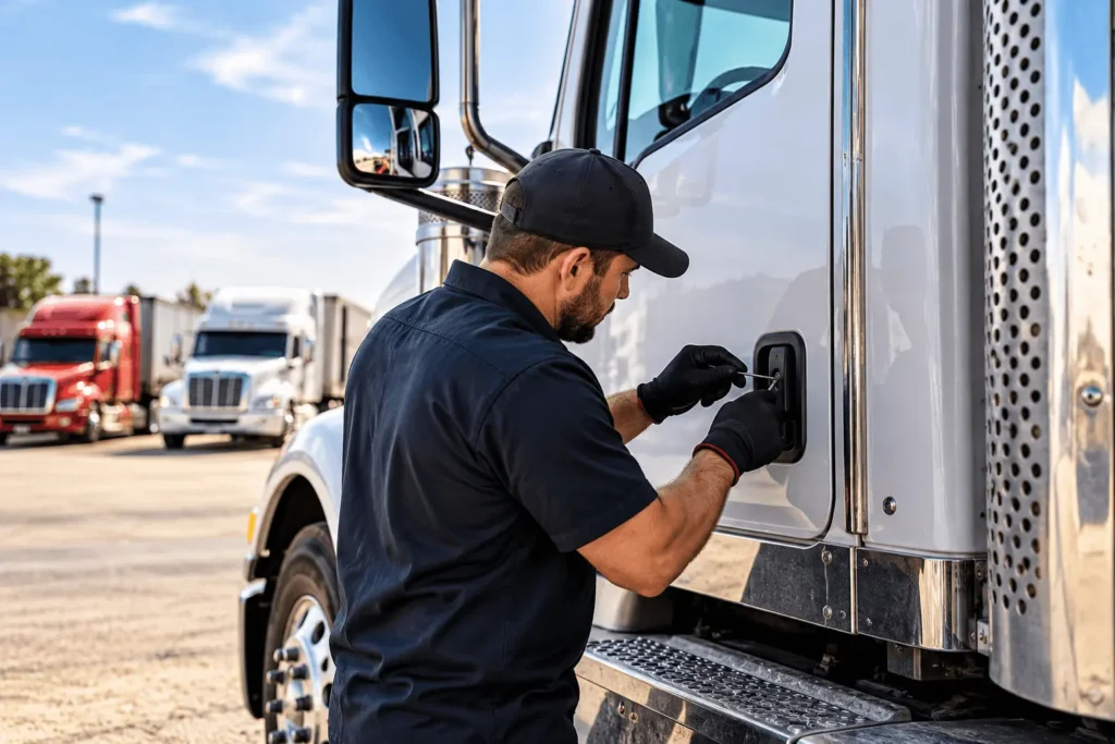 Locksmith Repairing Semi-Truck Door (1)