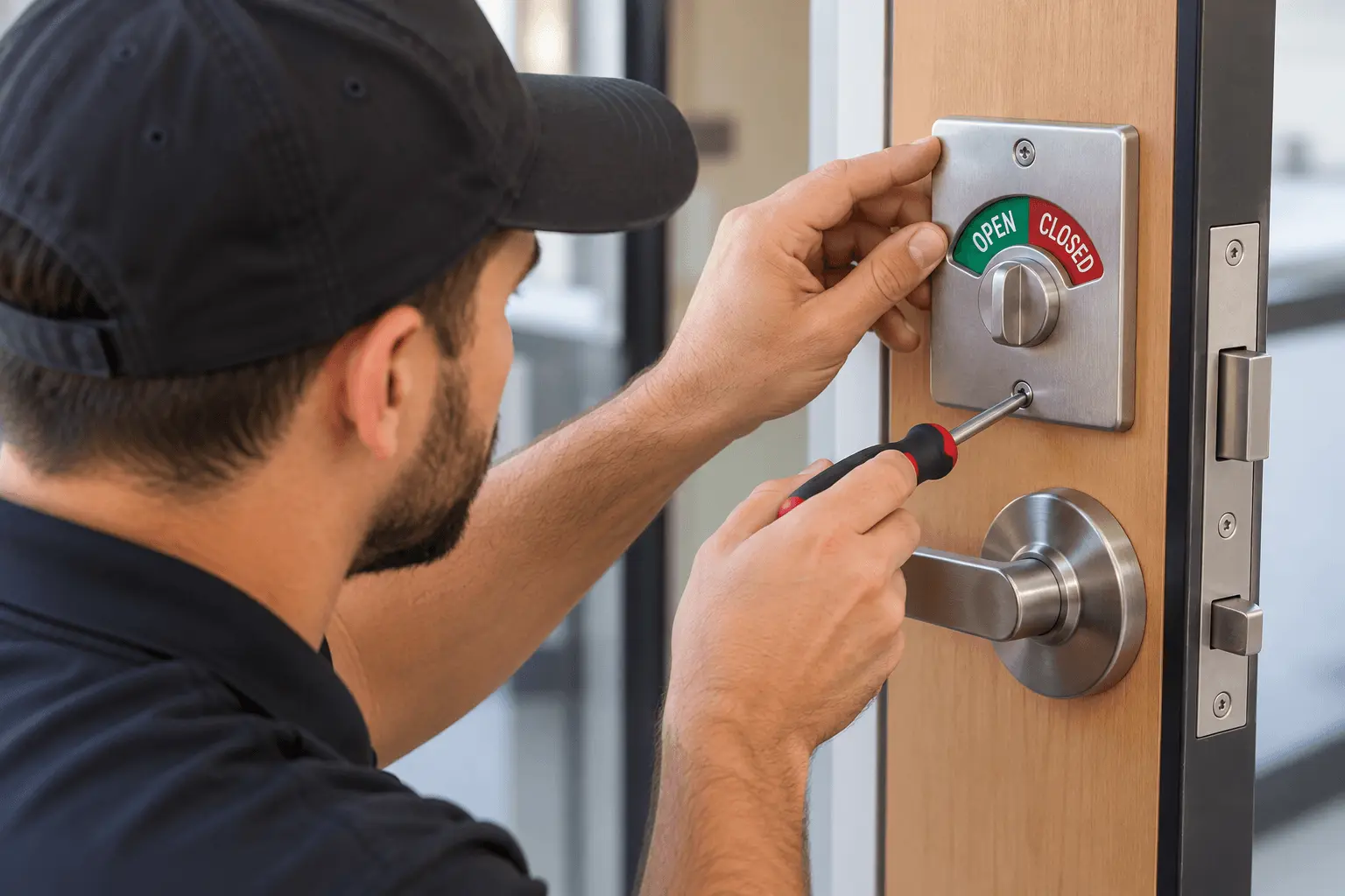 Technician Installing Open-Close Door Indicator (1)